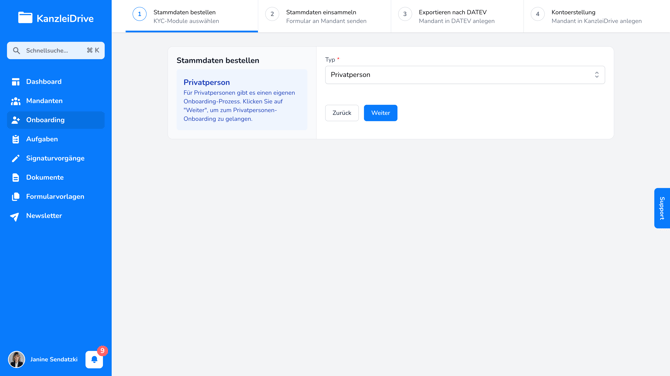 Privatpersonenonboarding Auswahl